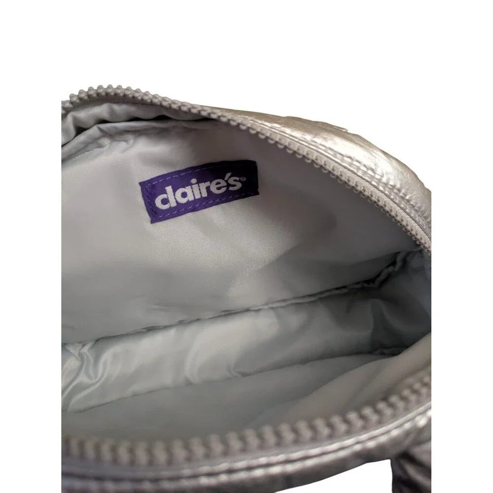 Claire’s Silver Puffer Cosmetic Bag Set – Quilted Makeup Pouch, New with Tags